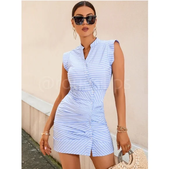 Blue White Striped Ruched Mini Dress Button Front V-Neck - Picture 2 of 7